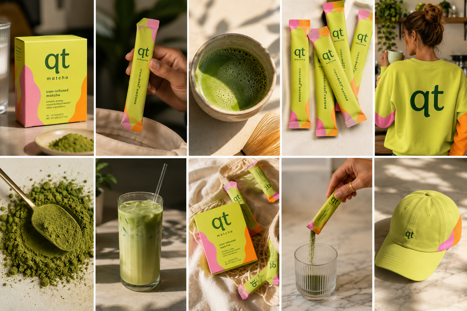 qt matcha lifestyle — whisked matcha, iced latte, packets on the go