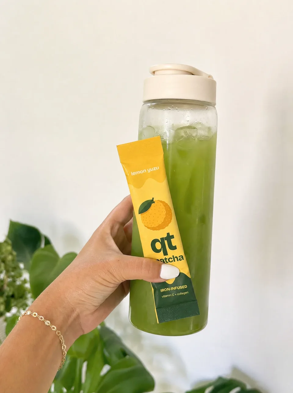 Lemon Yuzu QT alongside an iced matcha water bottle