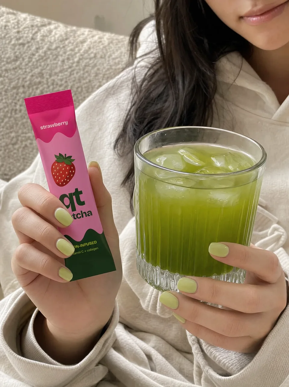 A cozy daily pause with Strawberry QT and iced matcha