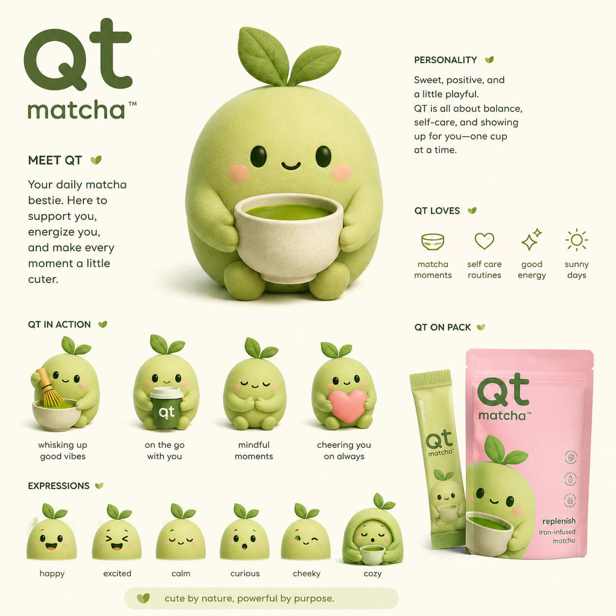 Meet QT — the qt matcha mascot character sheet
