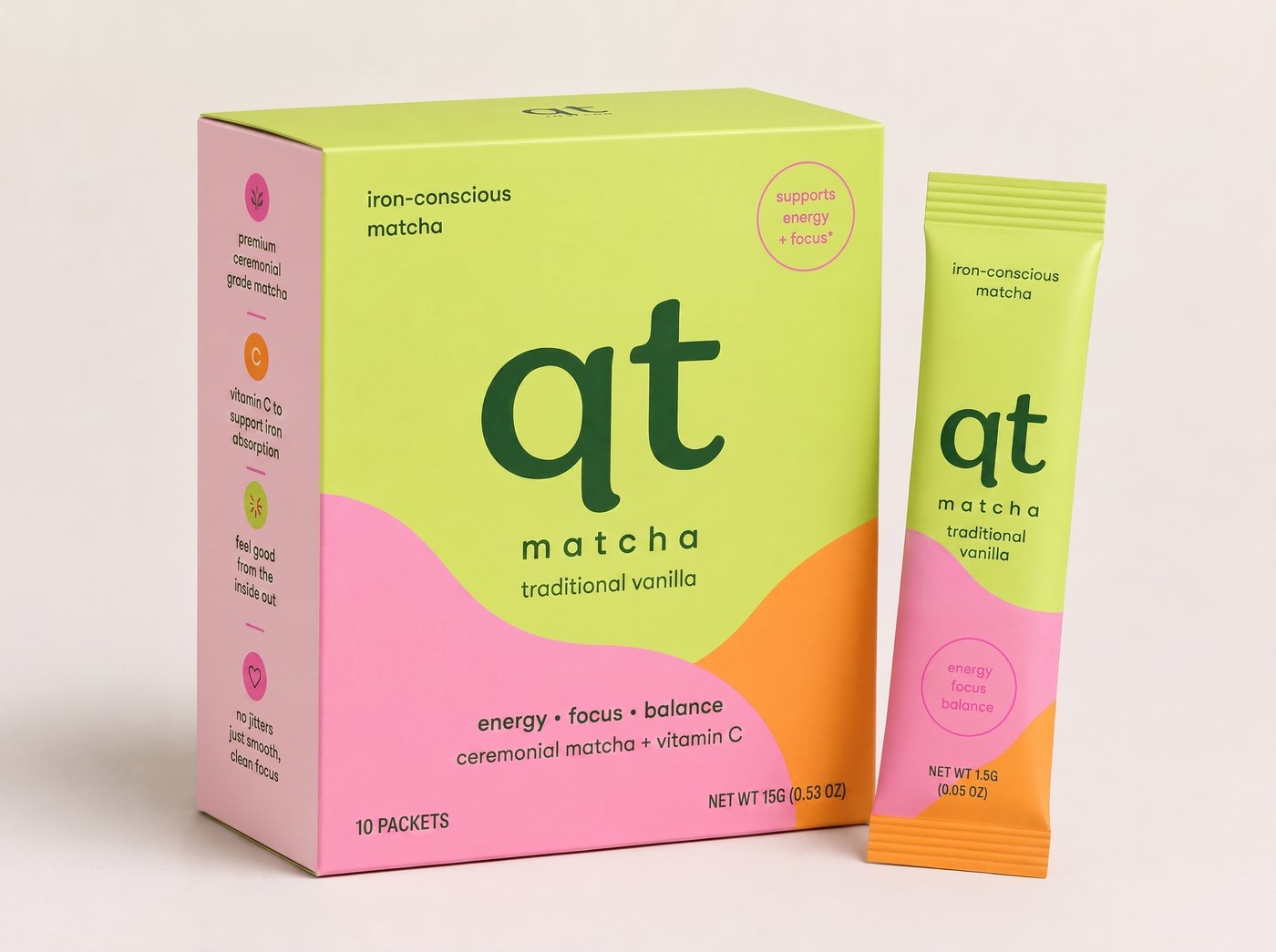 qt matcha packets — 10 count box with single-serve stick