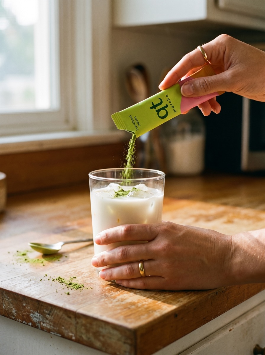 pouring a qt matcha stick into iced milk